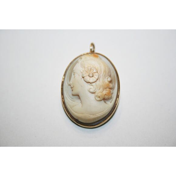 97232a.jpg Vintage 14k Gold Hand Carved Cameo Brooch with Pendant Hoop